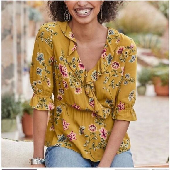 Sundance Calla Floral Ruffle Collar Peplum Crinkle Top - Picture 1 of 9